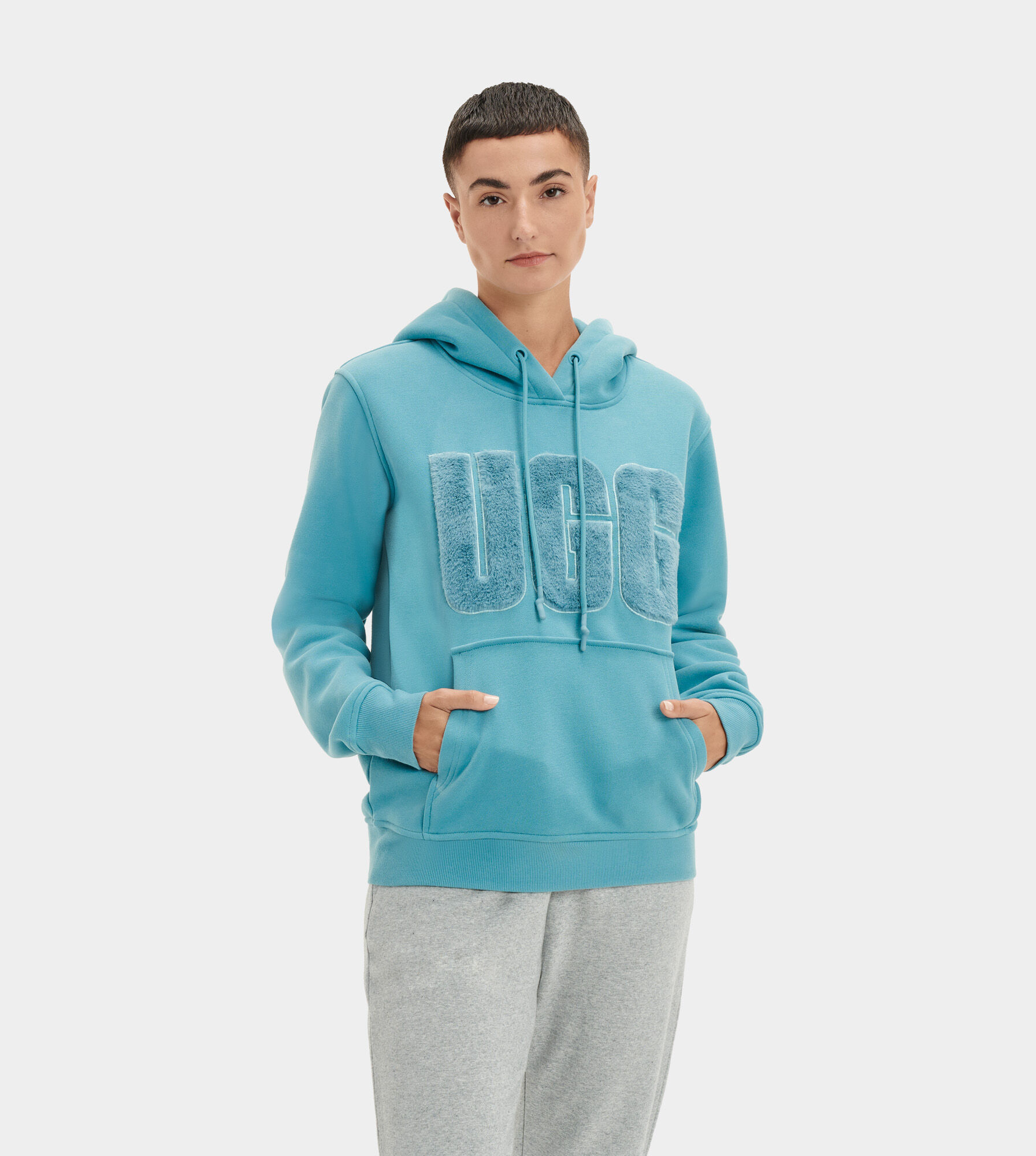 UGG (アグ) レディーストップ REY FUZZY LOGO HOODIE Mediterranean Blue, S