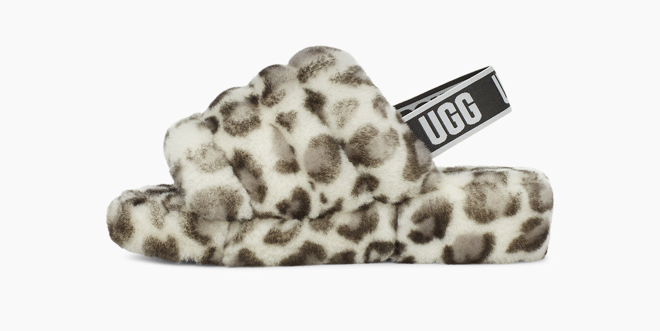 white leopard ugg slides