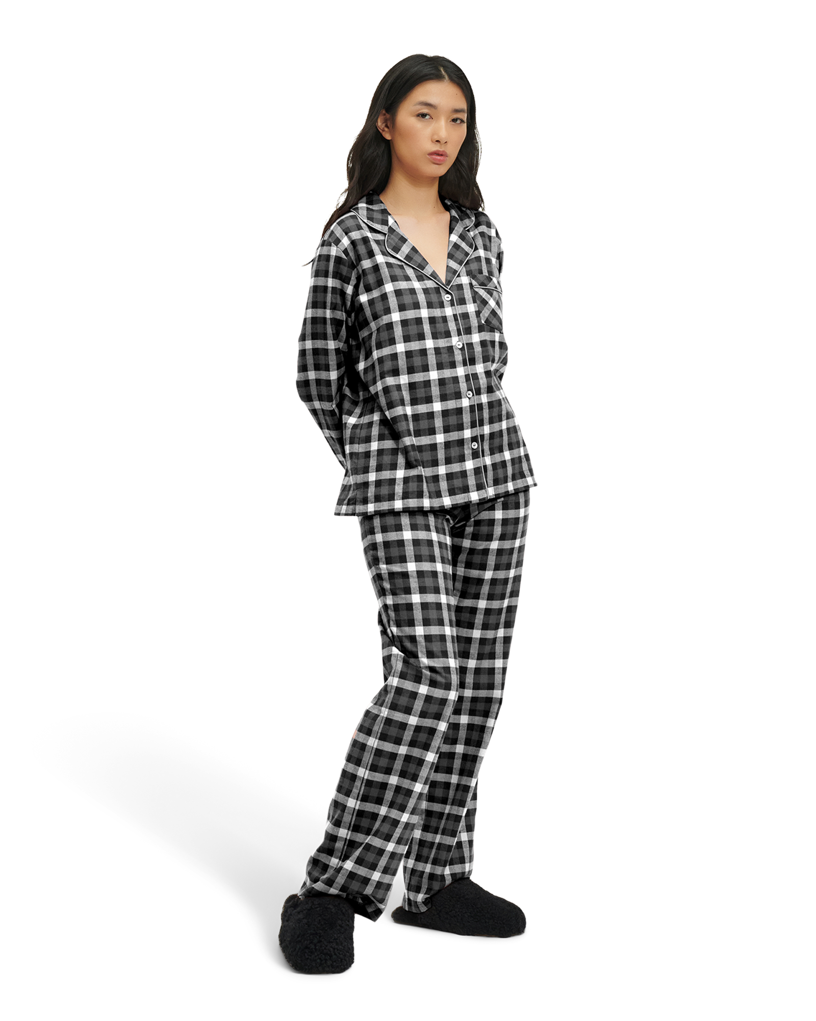 UGG Ophilia Pyjama Set for Women in Black/White Check, Size Large, Cotton
