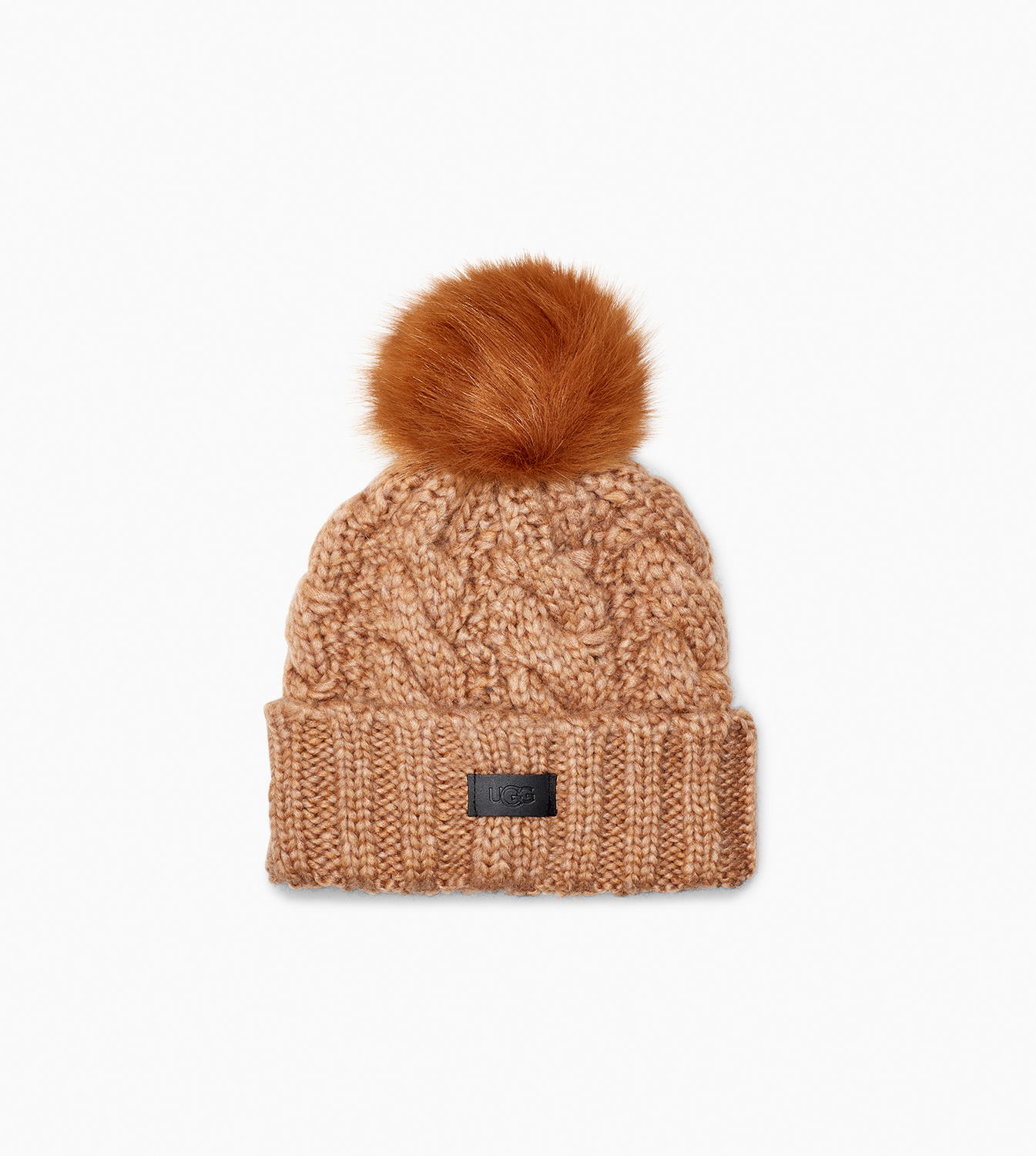 UGG W Knit Cable Beanie Faux Fur Pom in Beige, Taille O/S, Mélange D’Acrylique