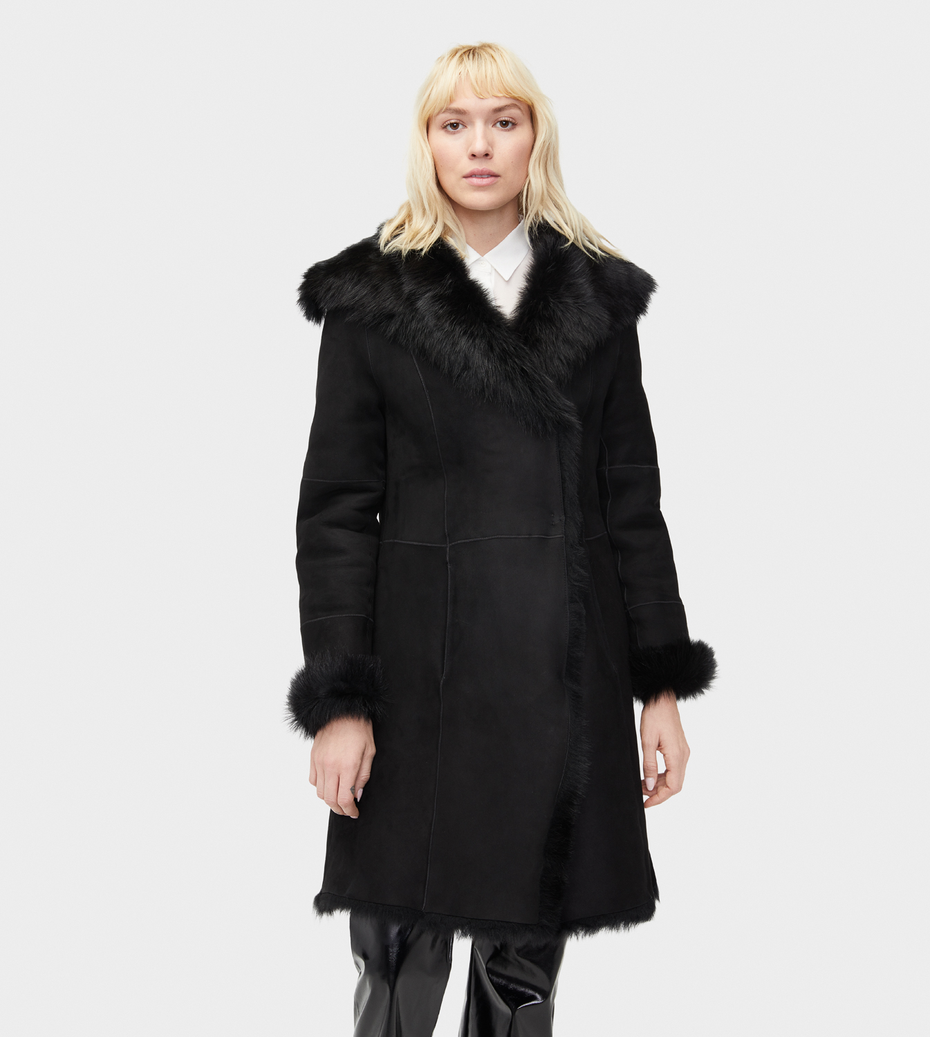 Damen Toscana Mantel Schwarz Winter 3/4 Long Jacke Shearling