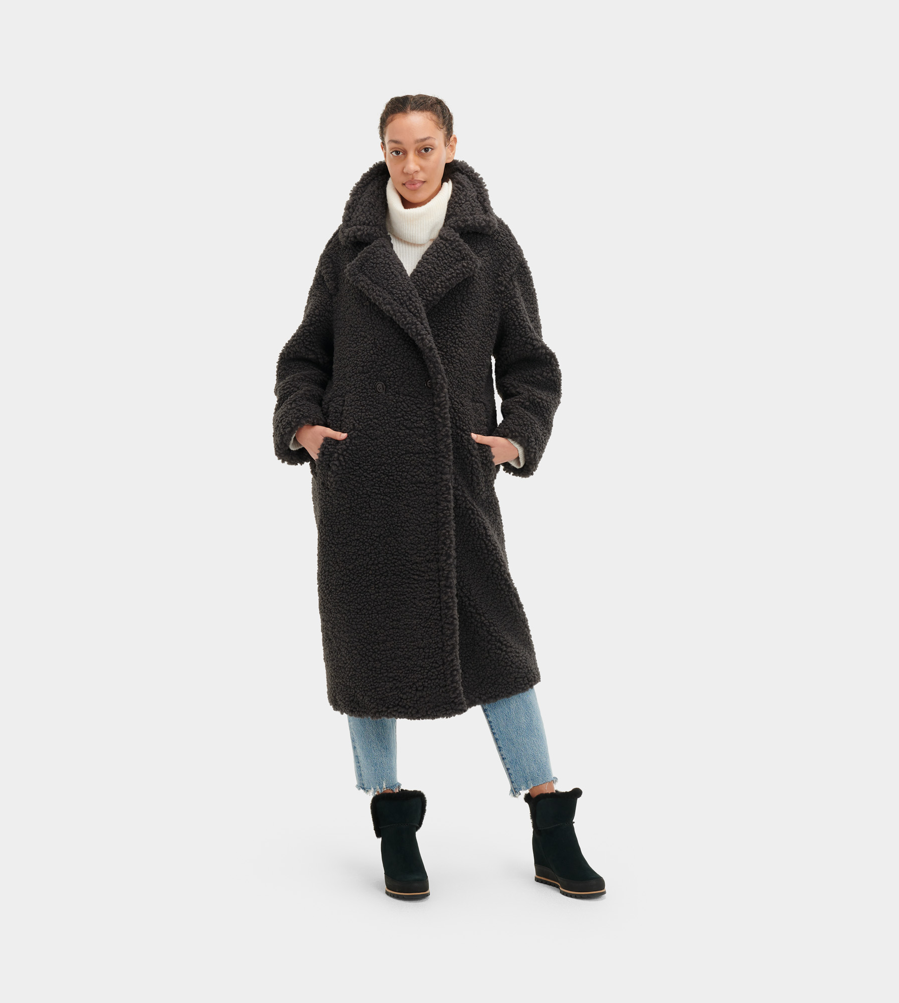 UGG Gertrude Long Teddy Coat in Ink Black, Taille L, Polyester