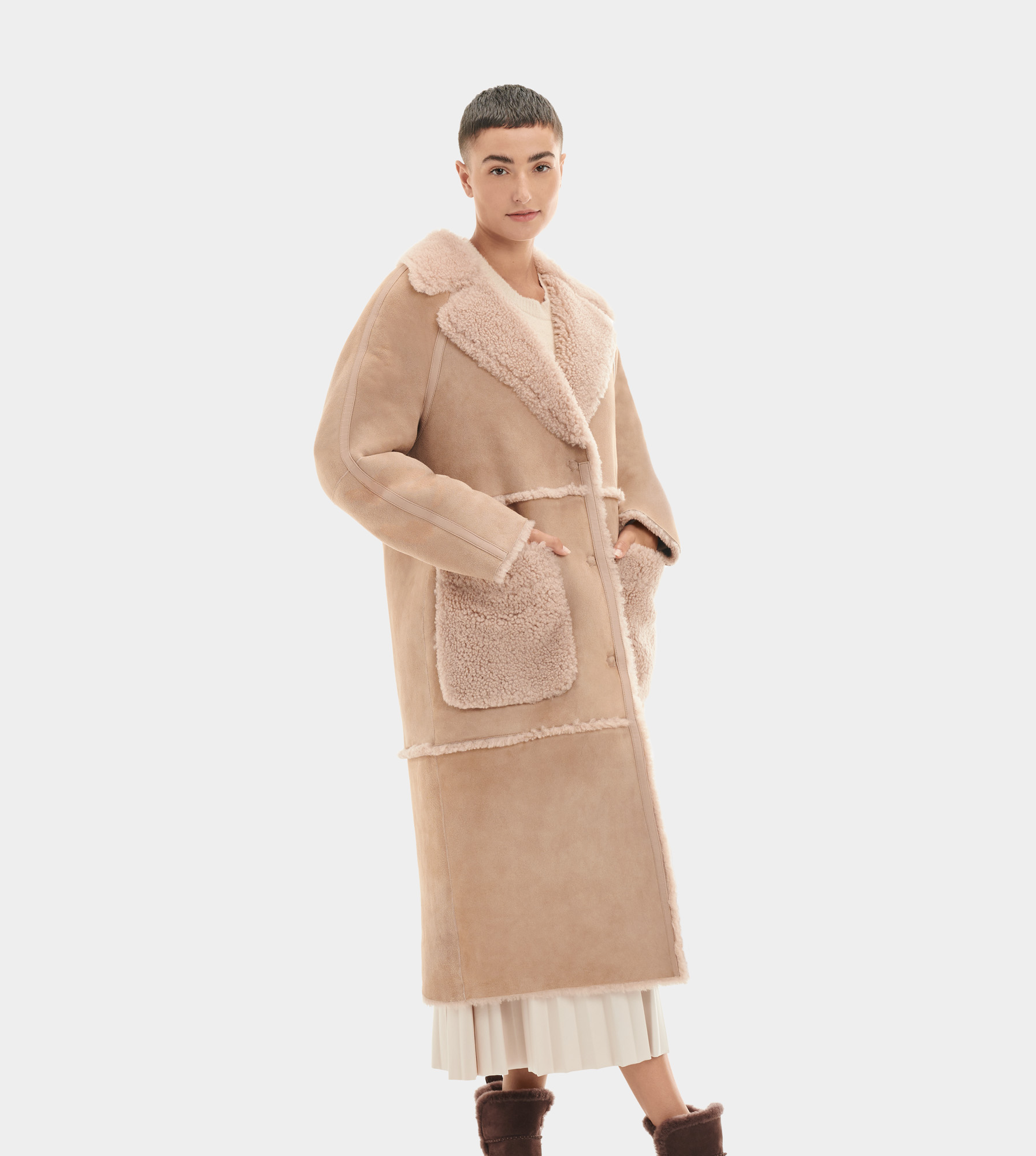 UGG Fayre Twinface Sheepskin Coat in Sandalwood, Taille M