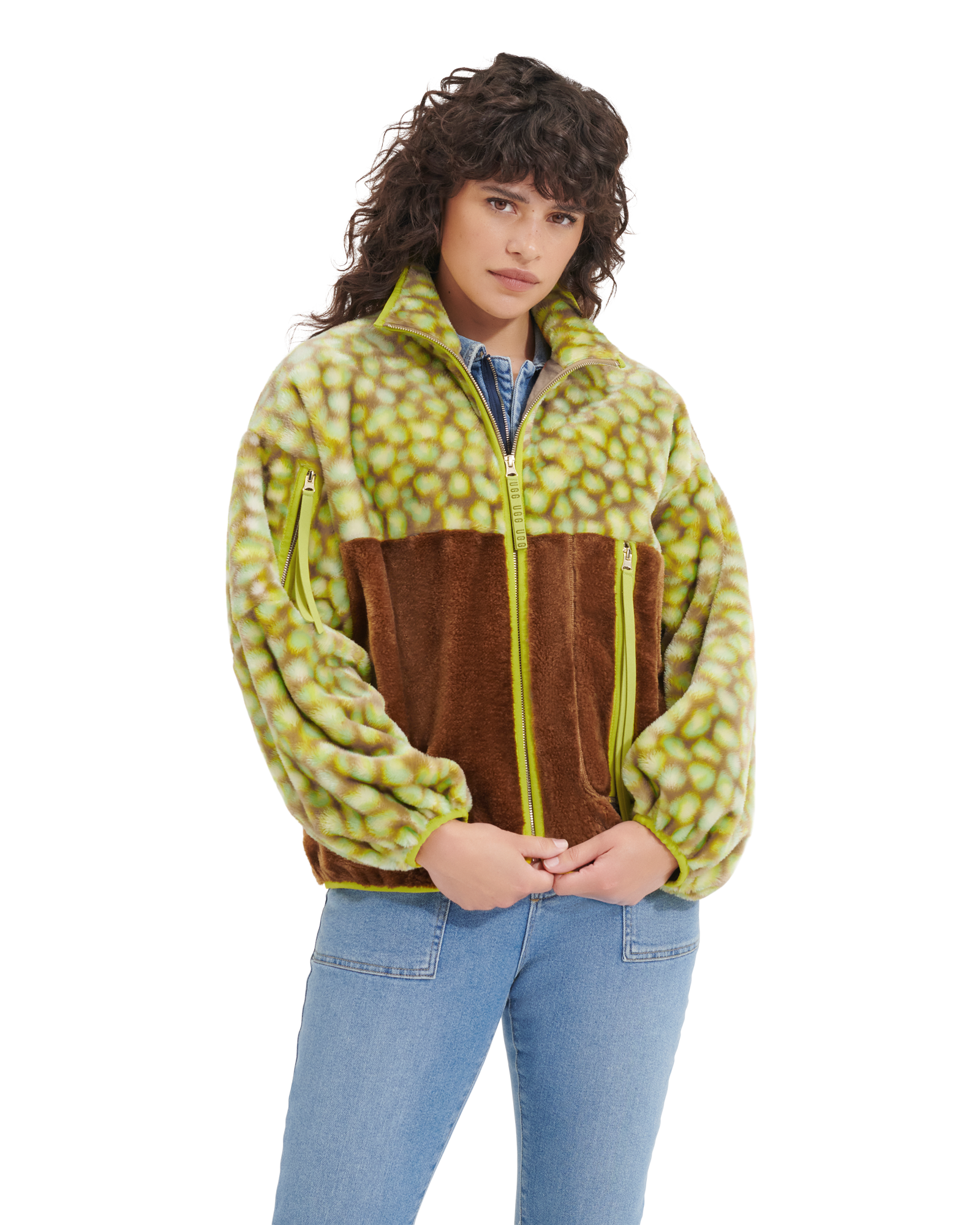 UGG Marlene Faux Fur Jacket voor Dames in Edamame Spotty, Maat L, Polyester