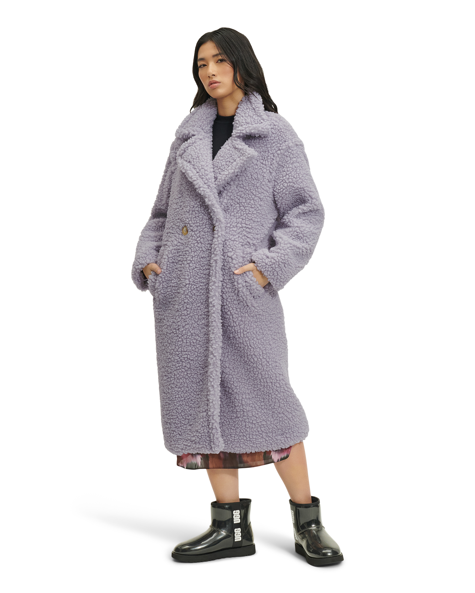 UGG Gertrude Long Teddy Coat in Cloudy Grey, Taille L, Polyester