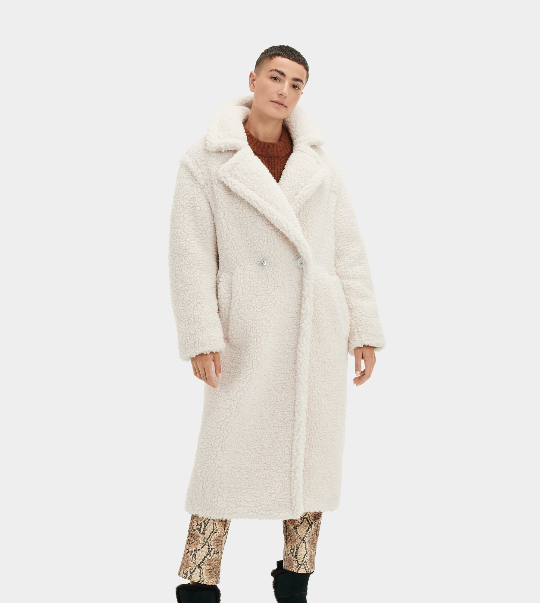 UGG Gertrude Long Teddy Coat in Winter White, Taille L, Polyester