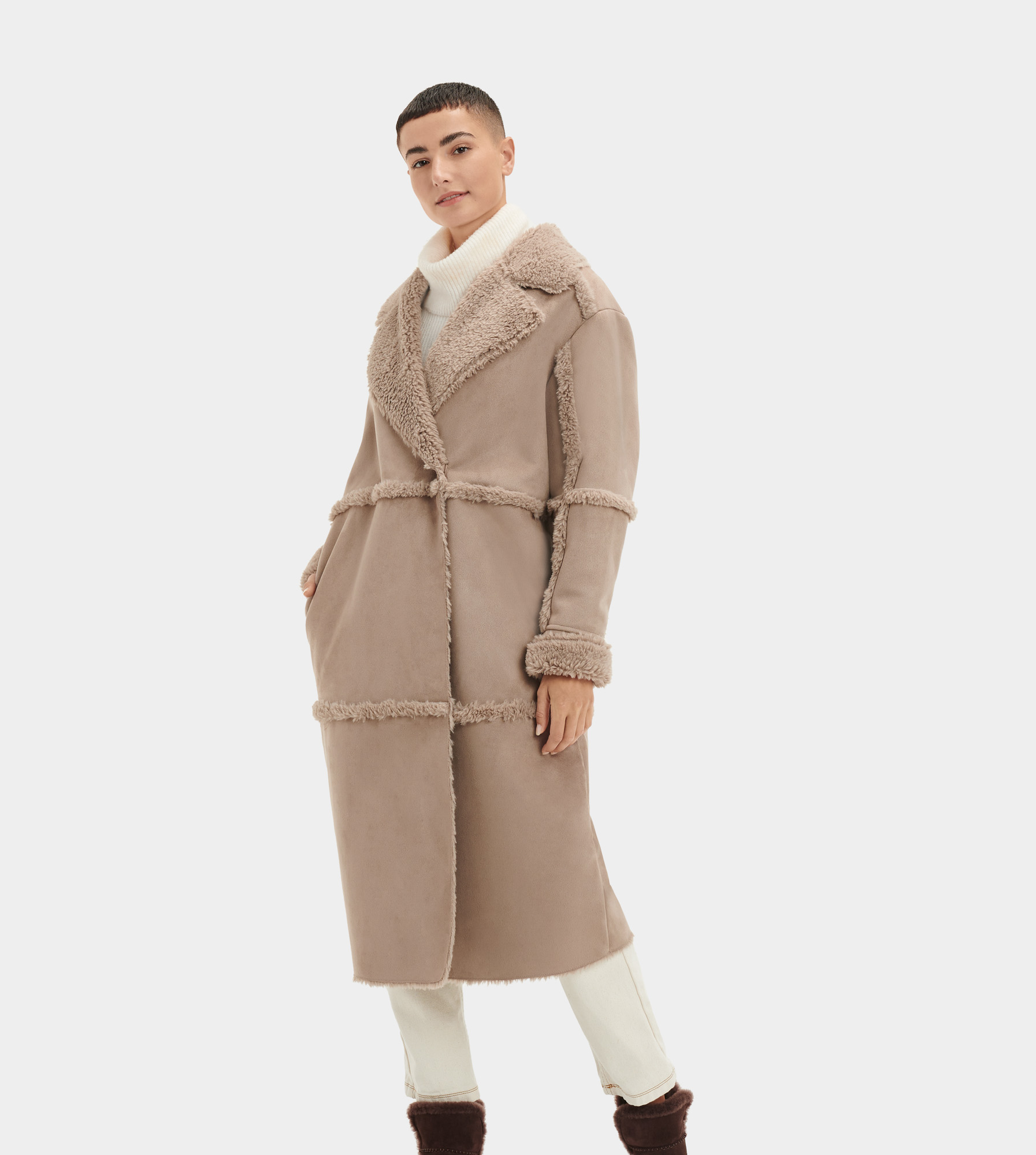 UGG Takara Long Faux Twinface Coat in Wolf Grey, Taille S