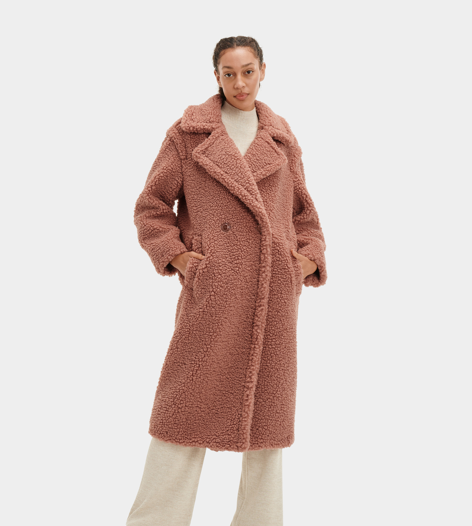 UGG Gertrude Long Teddy Coat in Firewood, Taille L, Polyester