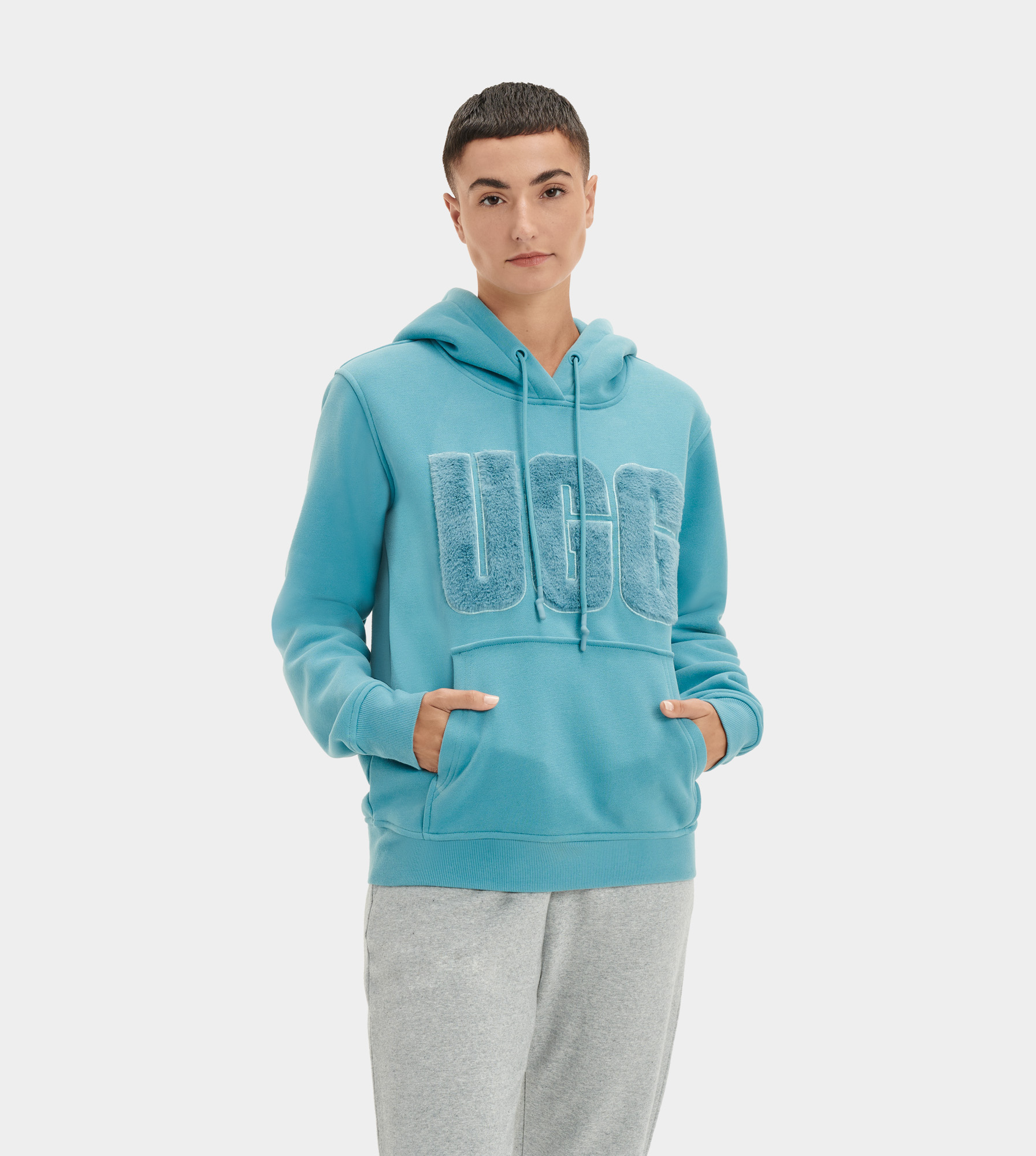 UGG W Rey Fuzzy Logo Hoodie in Mediterranean Blue, Taille S