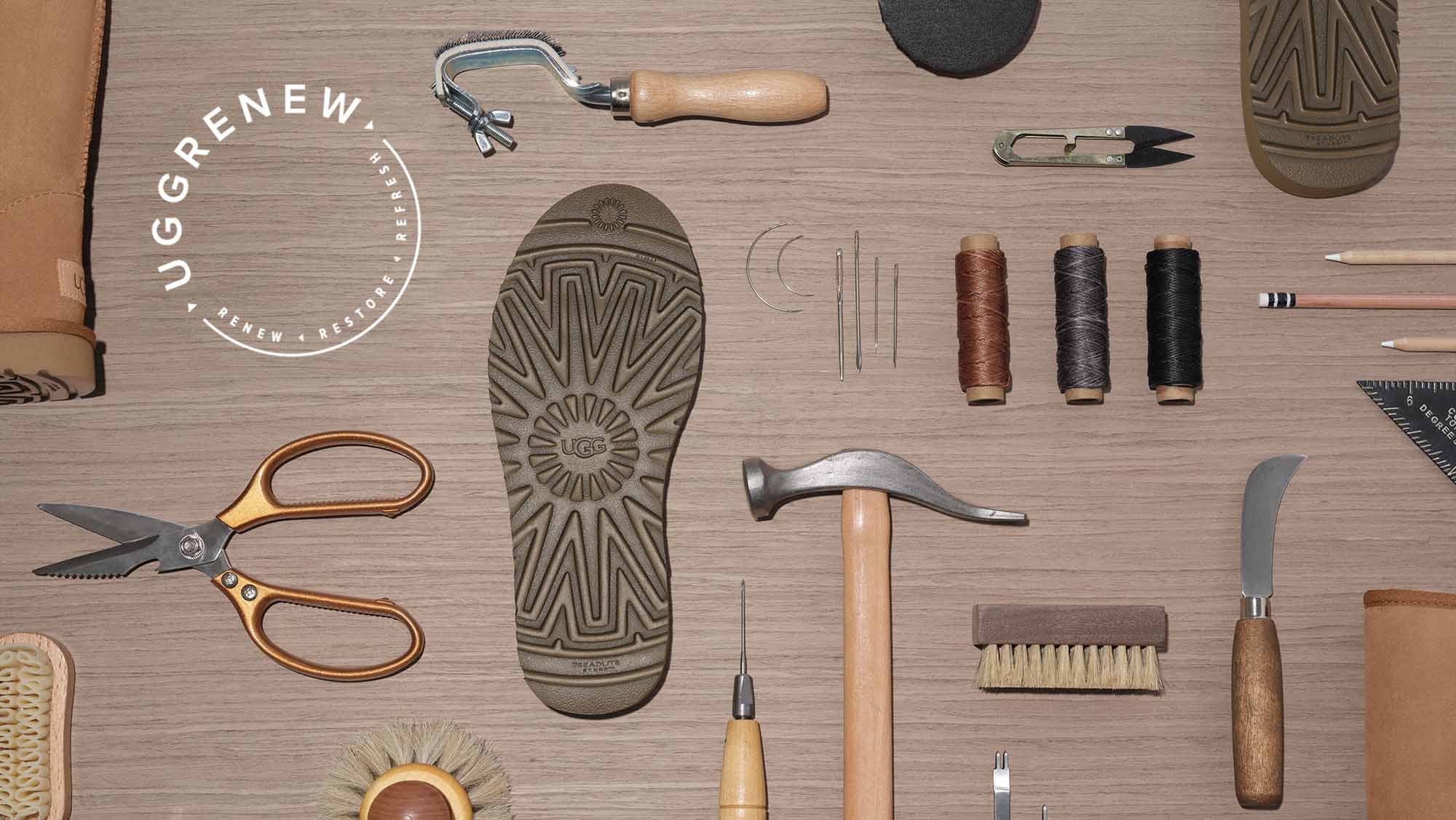 Collection of shoe repair materials on a table with the UGG Renew logo.