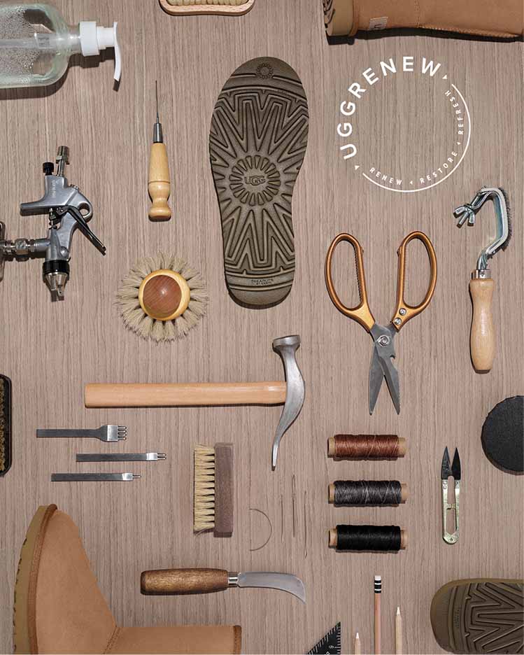 Collection of shoe repair materials on a table with the UGG Renew logo.