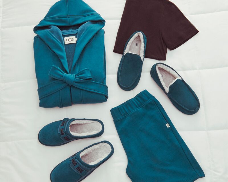 A detailed shot of the Dune Slip-On slipper, Ascot Slipper, Leeland Robe and the Darian Set.