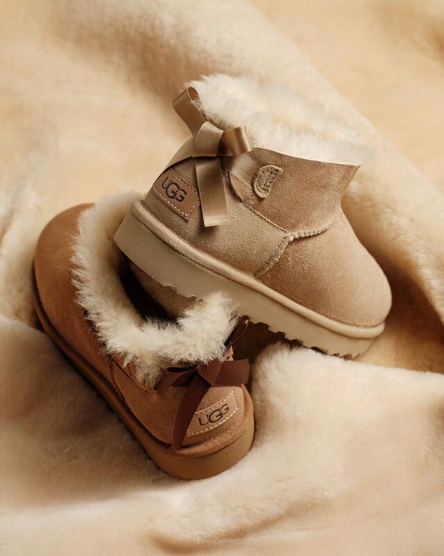 A detail shot of cozy UGG boots, displayed on a plush blanket.