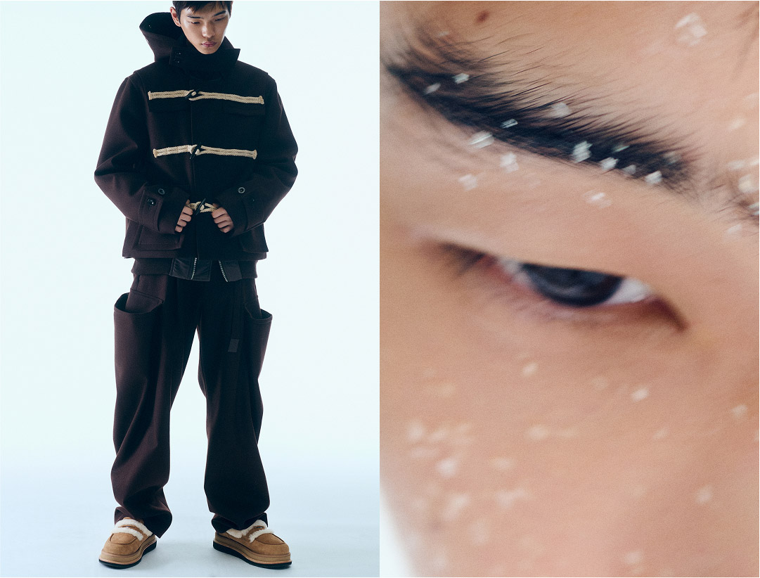 UGG sacai Un homme portant la collection UGG sacai, avec l’autre moitié de la photo en gros plan sur son visage, dans la neige.