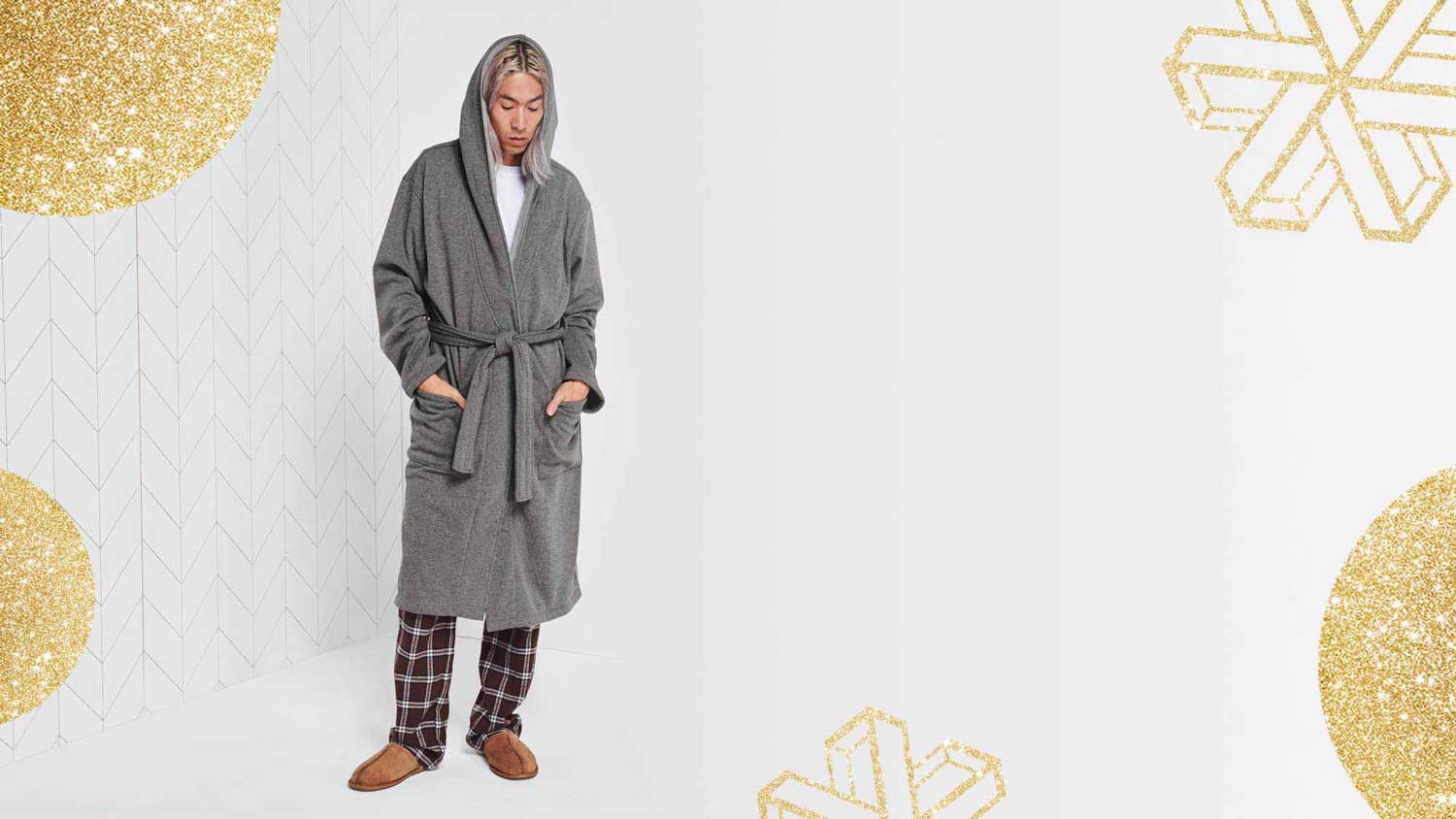 Man in robe and slippers.