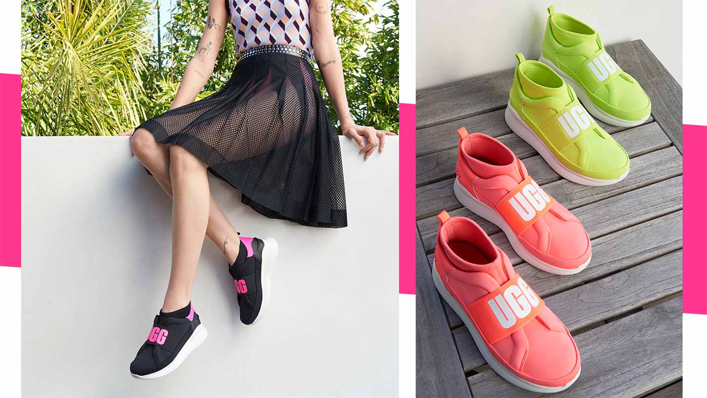 Woman wearing Neon Neon Neutra Sneakers sitting on a wall. Two pairs of Neon Neutra Sneakers in a row.